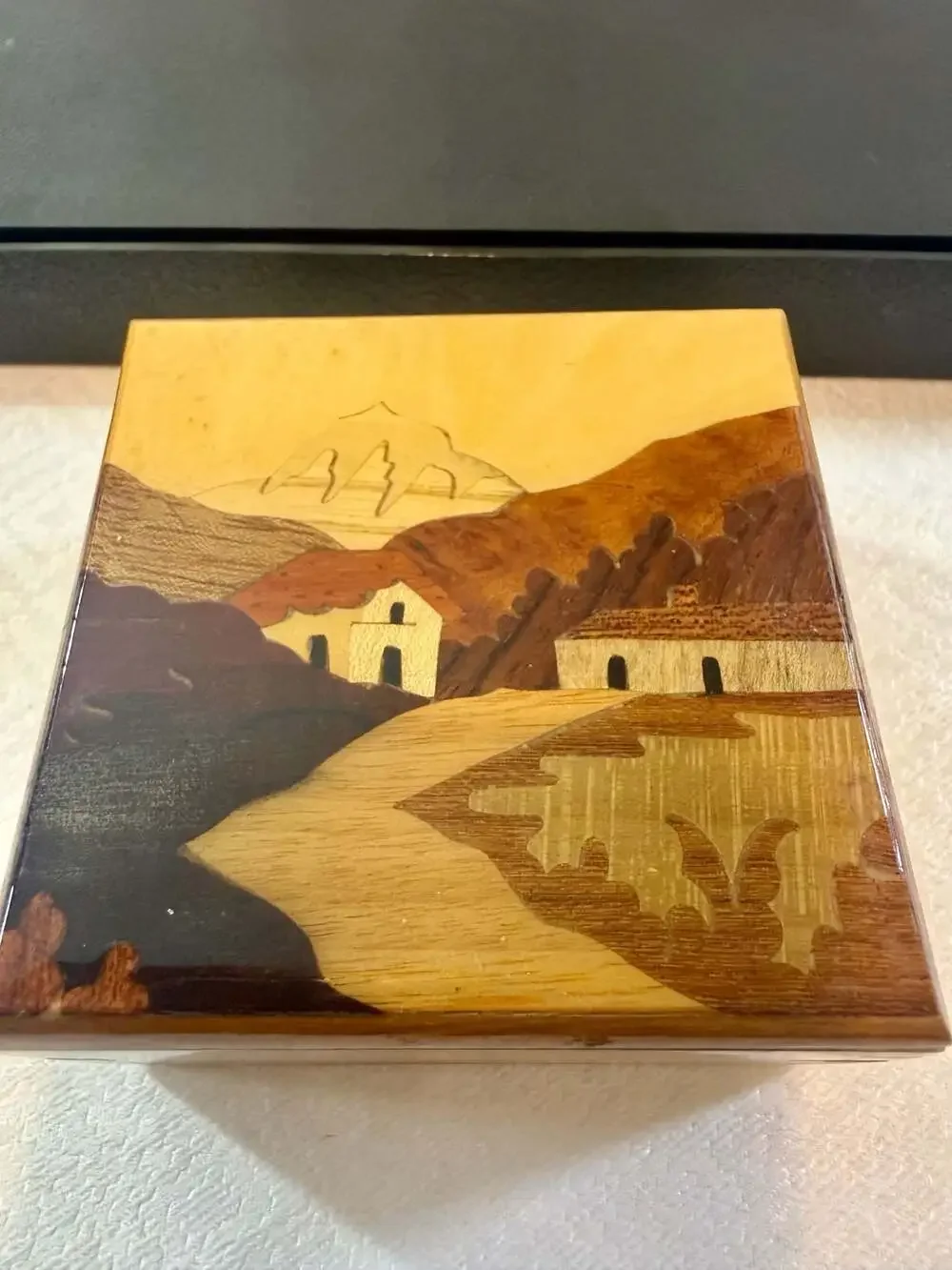 Vintage Handcrafted Wooden Marquetry Jewelry Trinket Box with Landscape Scene